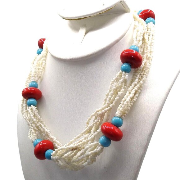 White Seed Beads Necklace with Glazed Ceramic Beads in Red and Blue, Patriotic - Picture 4 of 4